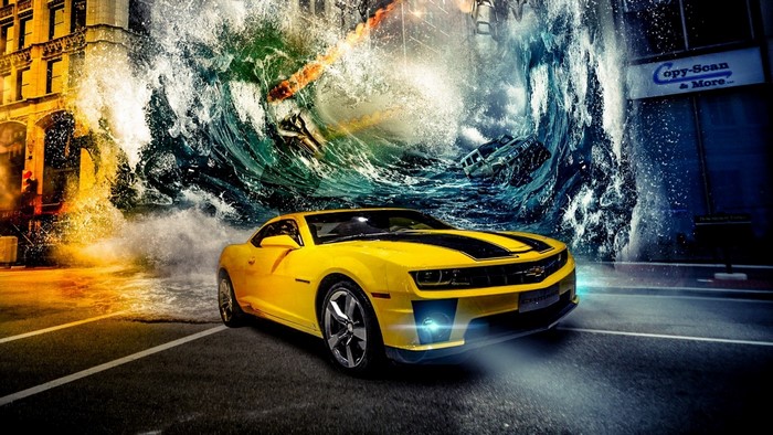 Yellow Chevrolet Camaro Bumblebee in a Tsunami