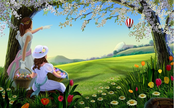 Two girls with Easter baskets in a meadow with a hot air balloon