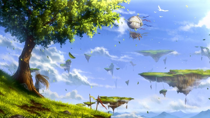 Floating islands in the sky with a girl and a tree