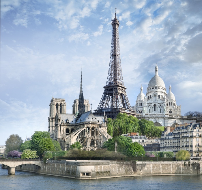 Paris landmarks including Eiffel Tower, Notre Dame, and Sacre-Cœur