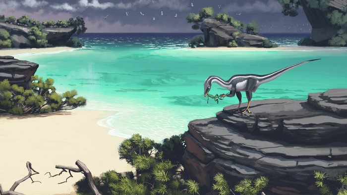 Dinosaur eating a frog on a rocky coast