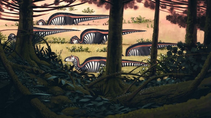 Dinosaurs in a forest clearing by Simon Stalenhag