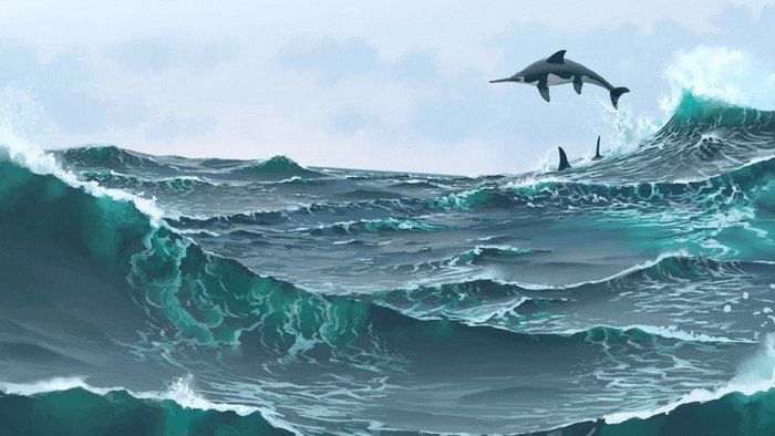 Dolphins jumping over ocean waves