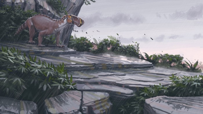Dinosaur in a rainy jungle landscape by Simon Stalenhag