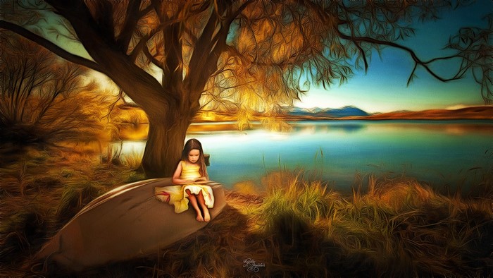 Girl reading in a boat by a lake in autumn