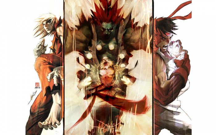 Street Fighter characters Ryu, Akuma, and Ken