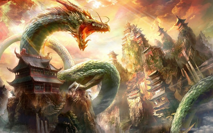 Dragon guarding ancient Chinese temples on mountains
