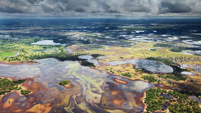 Aerial view of a vast wetland with lakes and vegetation