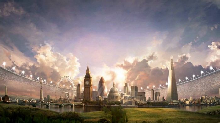 London cityscape with stadium lights and dramatic clouds