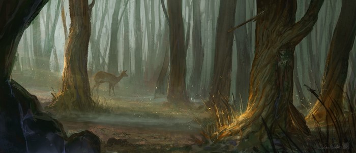 Deer in a misty forest with sunlight