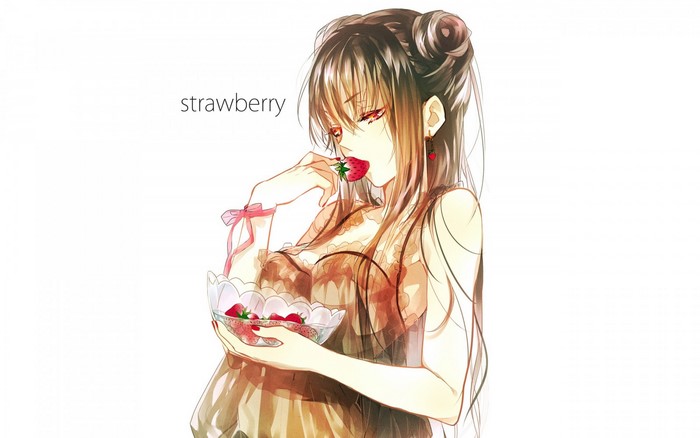 Anime girl eating strawberries from a bowl