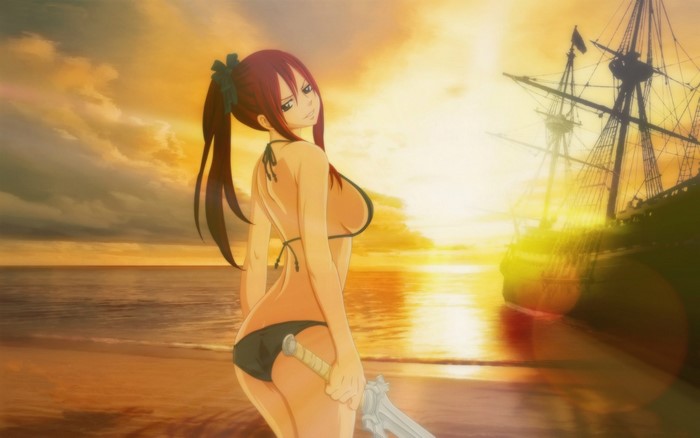 Erza Scarlet from Fairy Tail on a beach with a ship