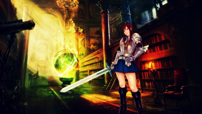 Erza Scarlet from Fairy Tail in a library with a magical orb