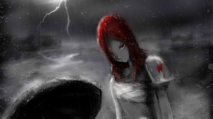 Erza Scarlet from Fairy Tail in a storm