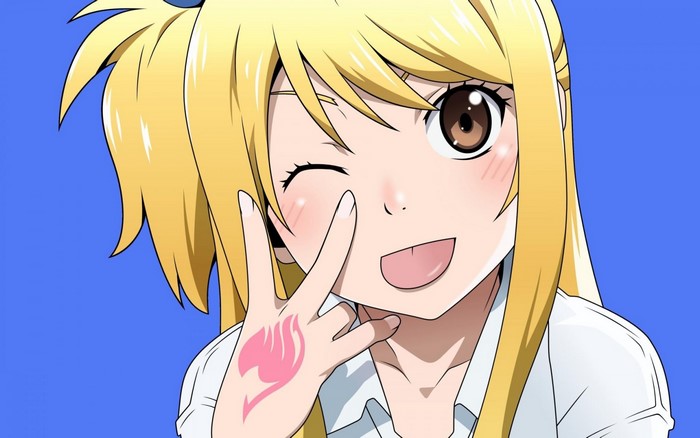 Lucy Heartfilia from Fairy Tail making peace sign