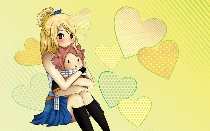 Lucy Heartfilia from Fairy Tail holding Natsu plush