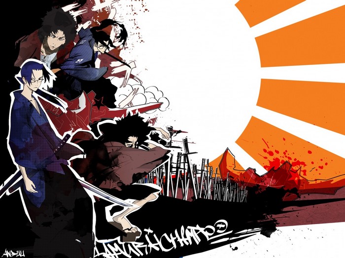 Samurai Champloo characters with stylized sun and blood splatters