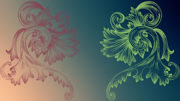 Floral ornament drawing in pink and green