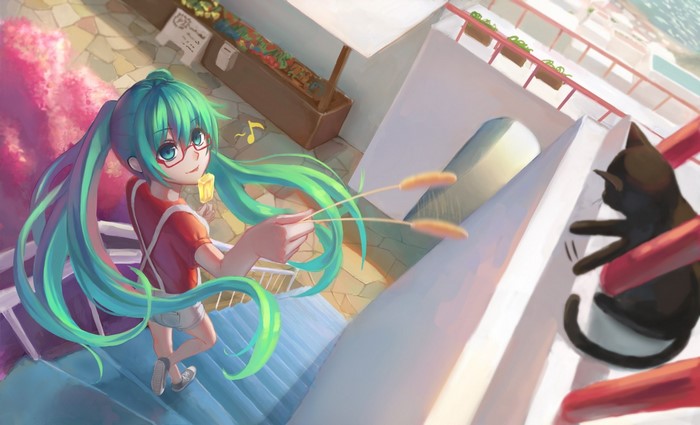 Hatsune Miku with a cat and food stall