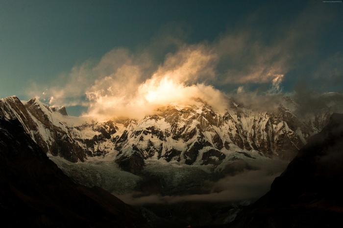 Annapurna mountain range at sunset with clouds, Himalayas, Nepal