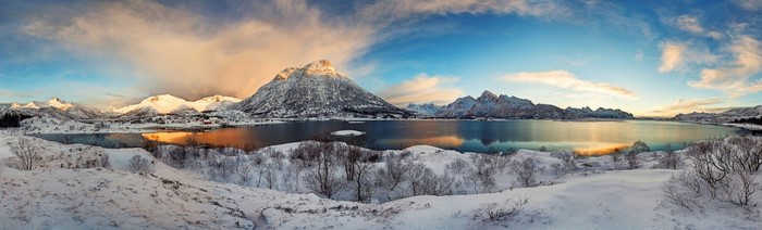 Snowy mountains and fjord in Lofoten, Norway