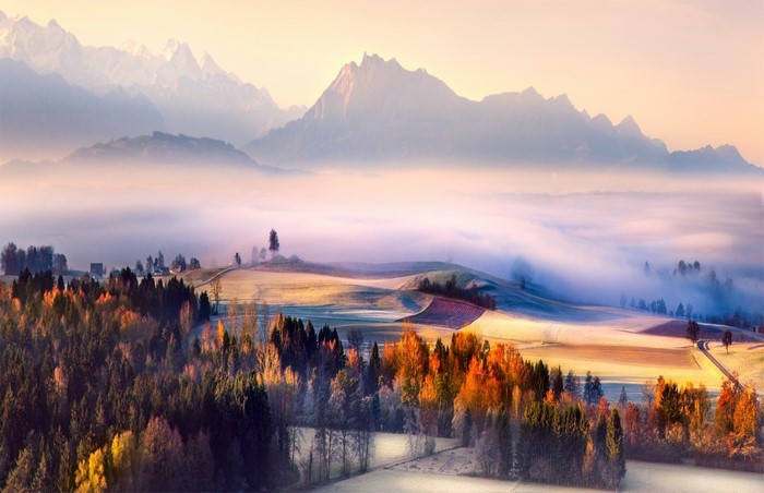 Misty Mountain Landscape at Sunrise with Autumn Colors