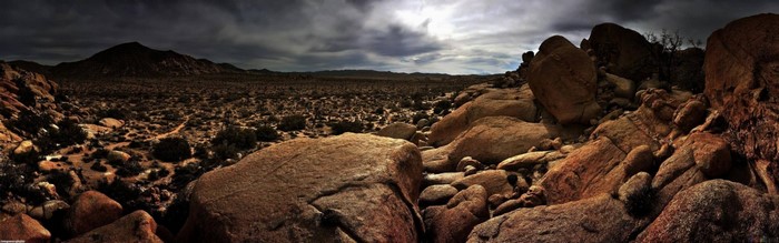 Desert landscape with rock formations and mountains