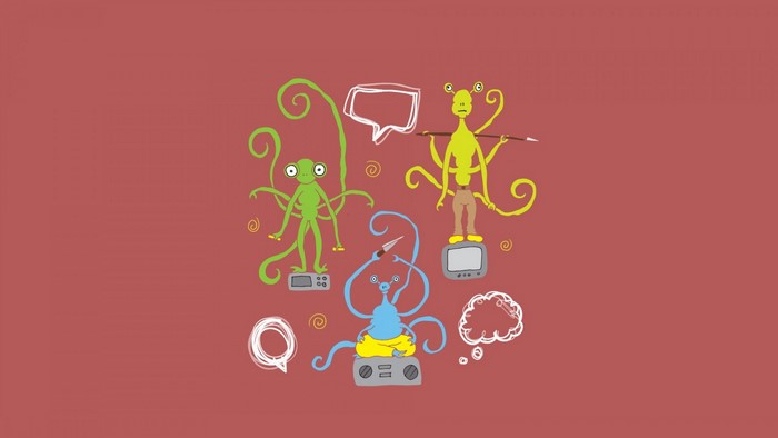 Three cartoon aliens with speech bubbles and objects