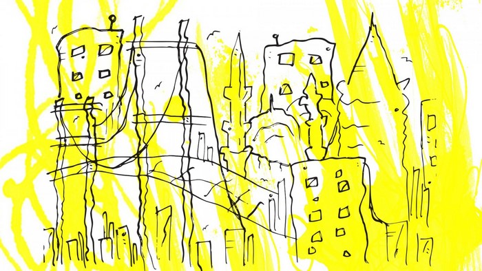 Abstract cityscape with yellow watercolor splashes