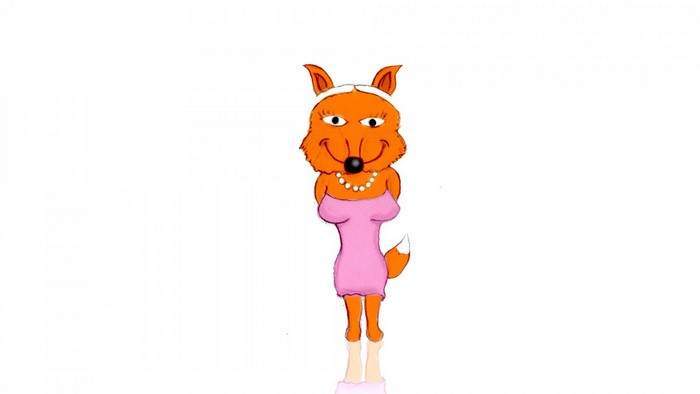 Cartoon fox wearing a pink dress and pearls