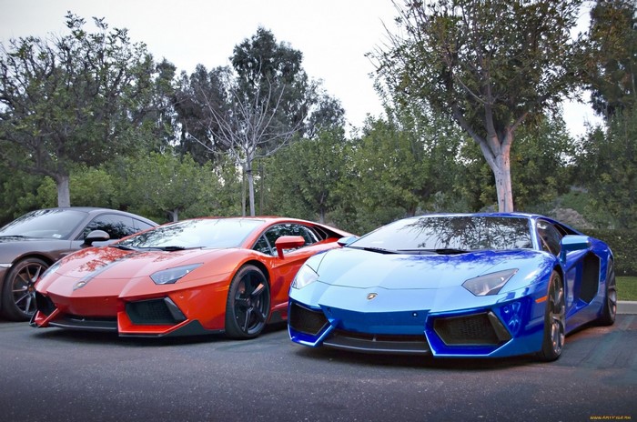Two Lamborghini Aventadors and a Porsche parked