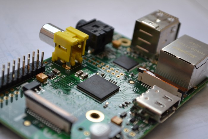 Close-up of a Raspberry Pi circuit board with ports