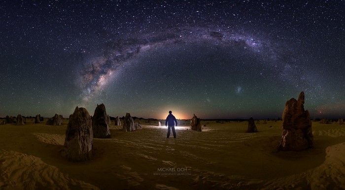 Man standing under the Milky Way at The Pinnacles Desert