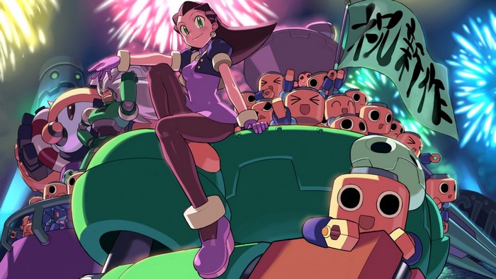 Tron Bonne and Servbots from Mega Man with fireworks