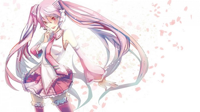 Hatsune Miku from Vocaloid with pink hair and cherry blossoms
