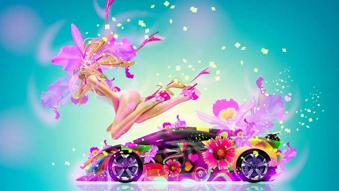 Woman and colorful Lamborghini with flowers