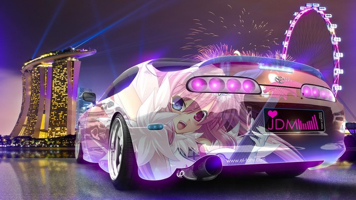 Toyota Supra with Anime Art at Night in Singapore