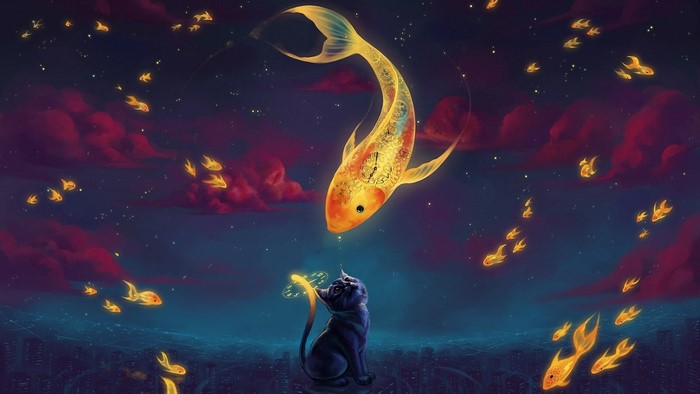 Cat looking at a giant goldfish in a starry sky