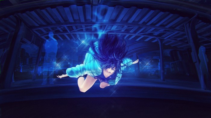 Girl with blue hair floating in a dark space