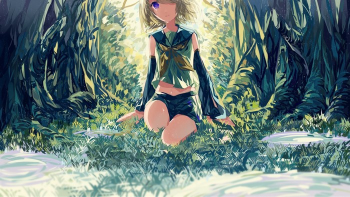 Kagamine Rin from Vocaloid in a forest