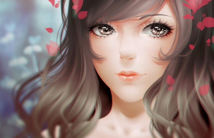 Anime girl with brown hair and brown eyes with petals
