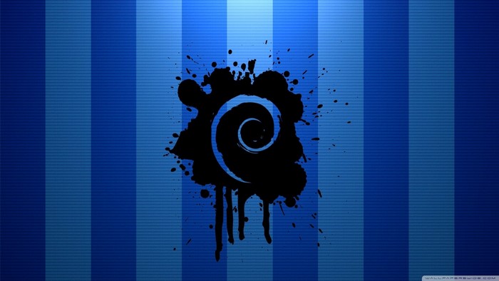 Debian Linux logo with ink splatter on blue stripes