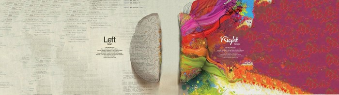 Left and Right Brain illustration with text and abstract art