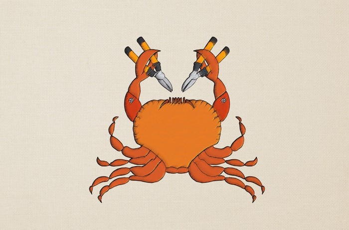 Illustration of a crab with pliers and pencils