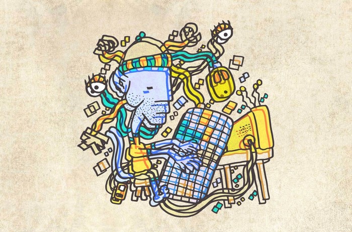 Surreal illustration of a person using a computer