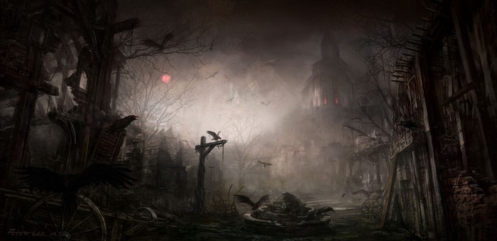 Dark fantasy village with crows and a red moon