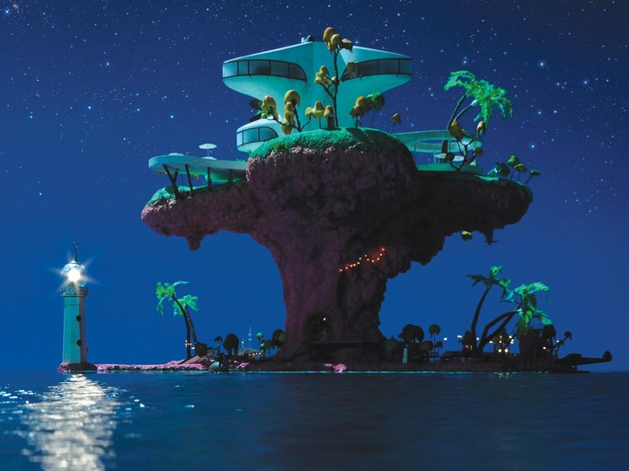 Gorillaz island with lighthouse at night