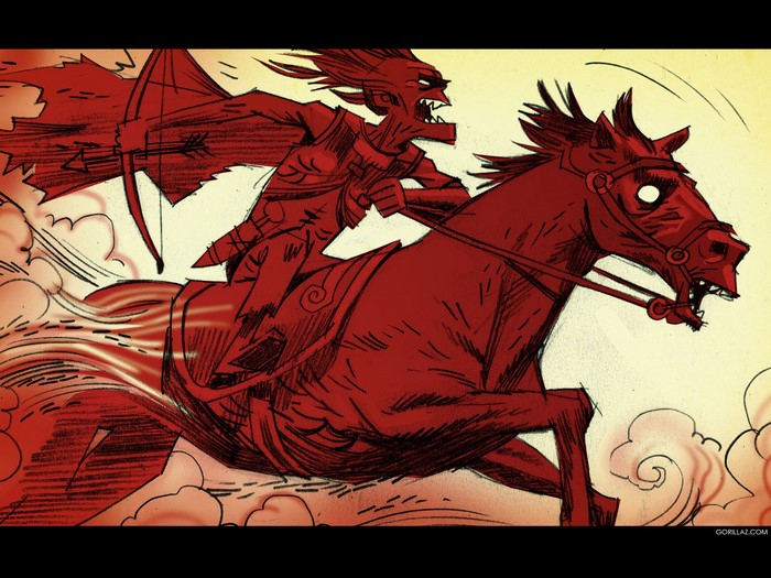 Red demon archer riding a horse, Gorillaz illustration