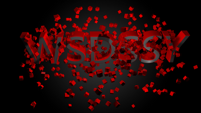 Red 3D text exploding into cubes