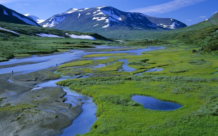 River flowing through a green valley with snow-capped mountains